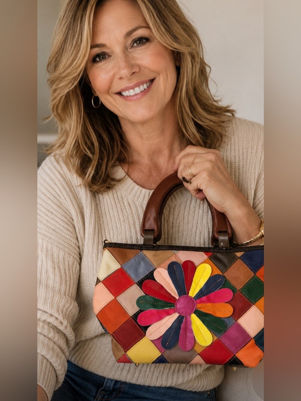 Colorful Leather Patchwork Floral Tote with Brown Wooden Handles